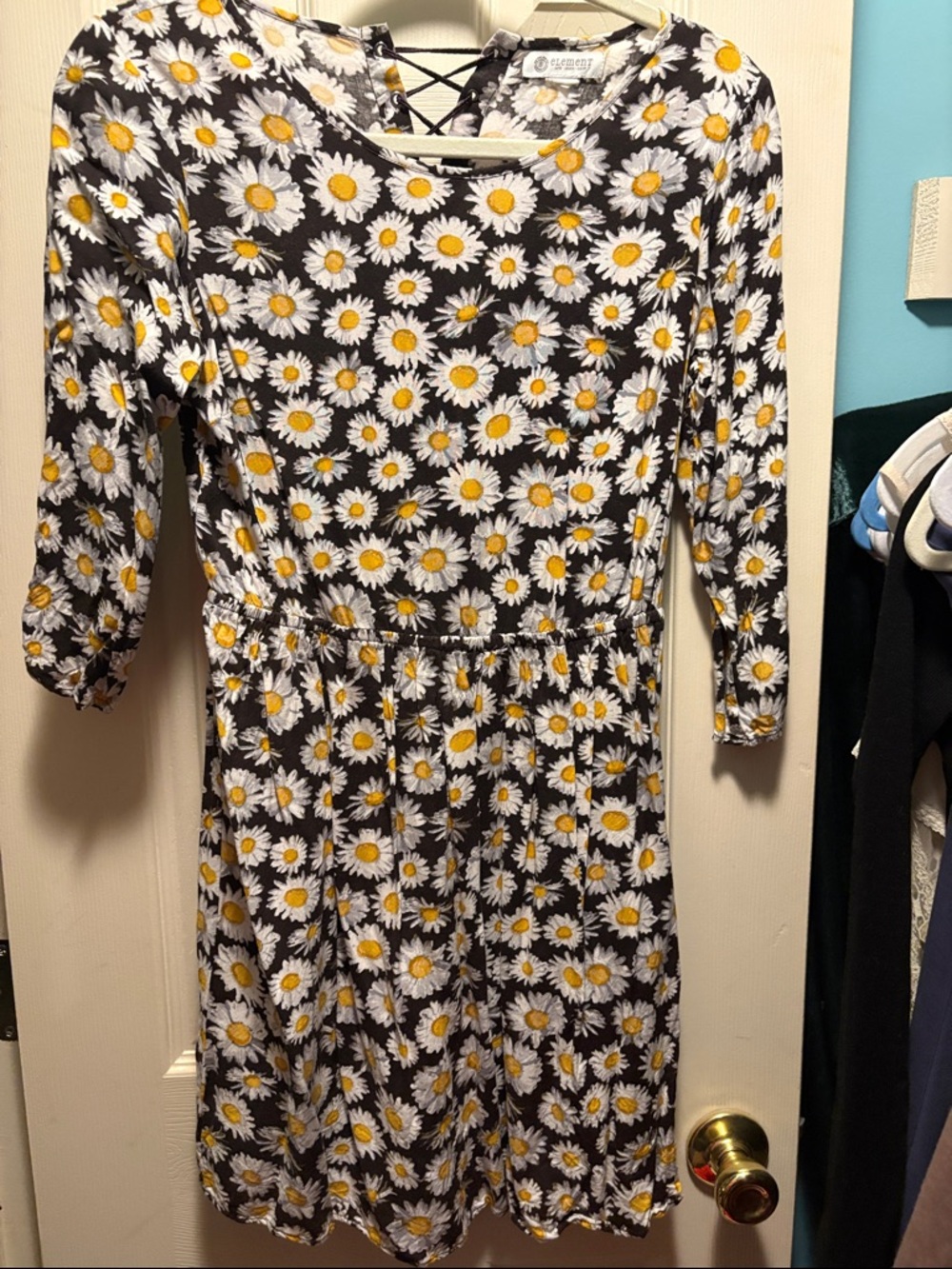 Element Black Daisy Print Dress with Yellow Centers and Lace Up Back